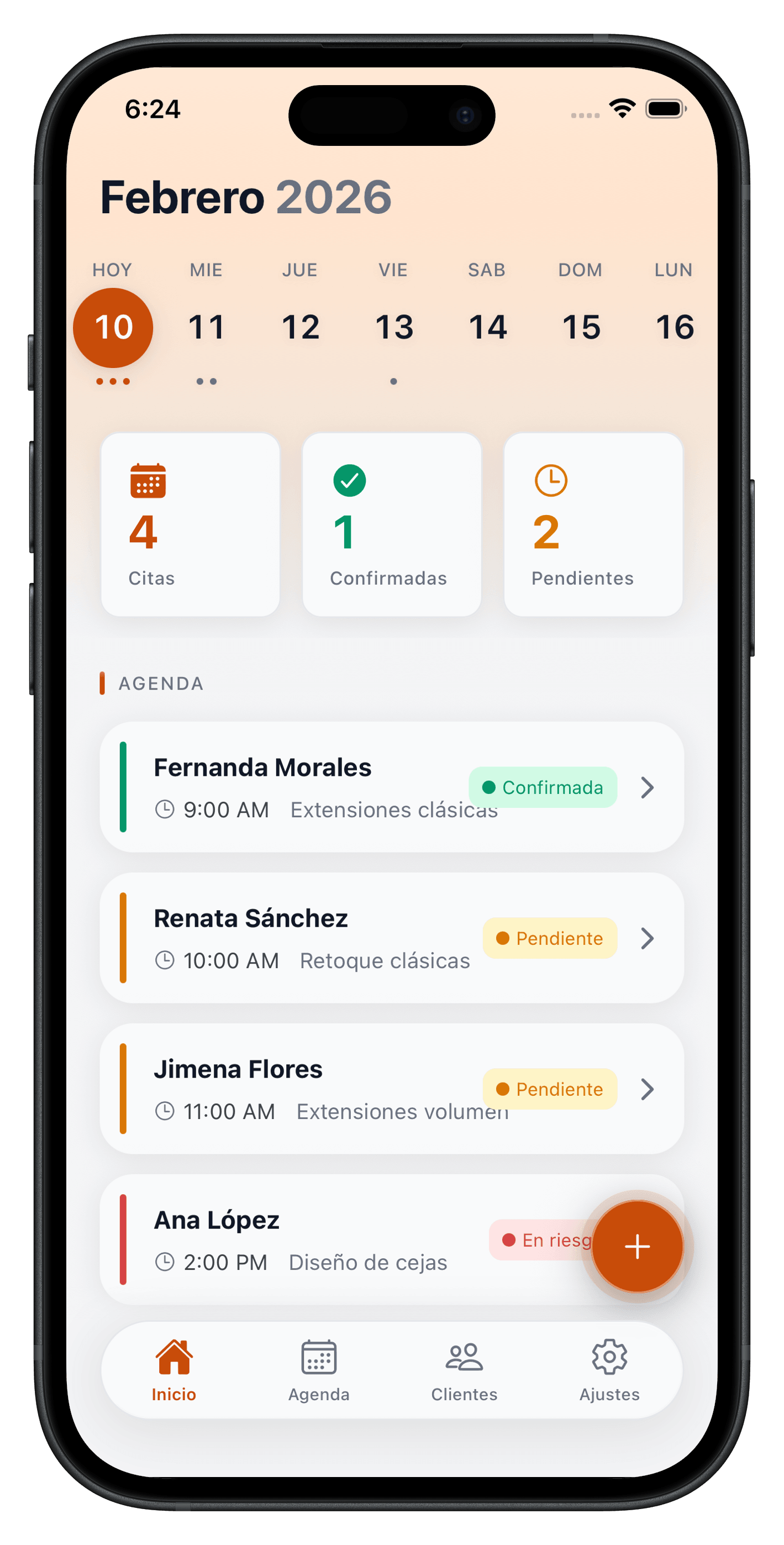 Agenda del día mostrando citas confirmadas, pendientes y en riesgo